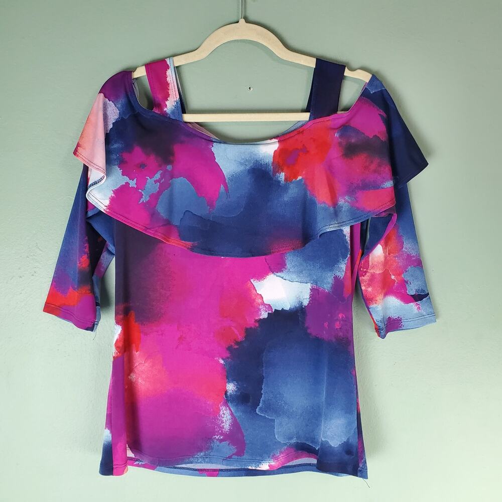 Clara Sun Woo Womens Watercolor Ruffle Cold Off The Shoulder Blouse Top Size XS